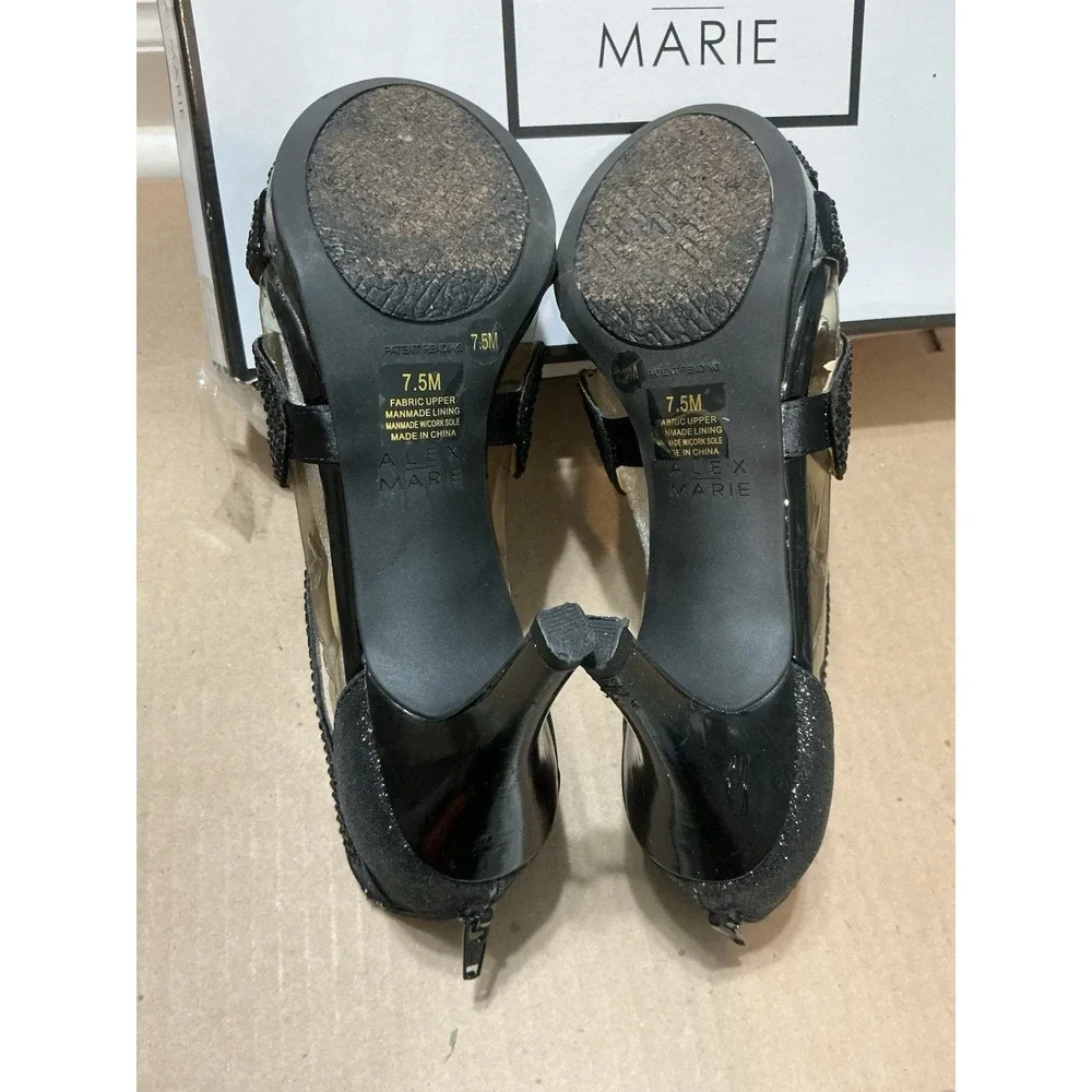 Alex Marie Black Rhinestone Heels Women's Size 7.5  M Shoes Zip Back Peep Toe